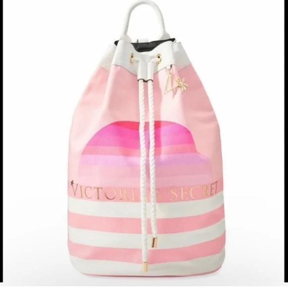 Victorias Secret drawstring backpack pink half moon striped - Picture 1 of 10